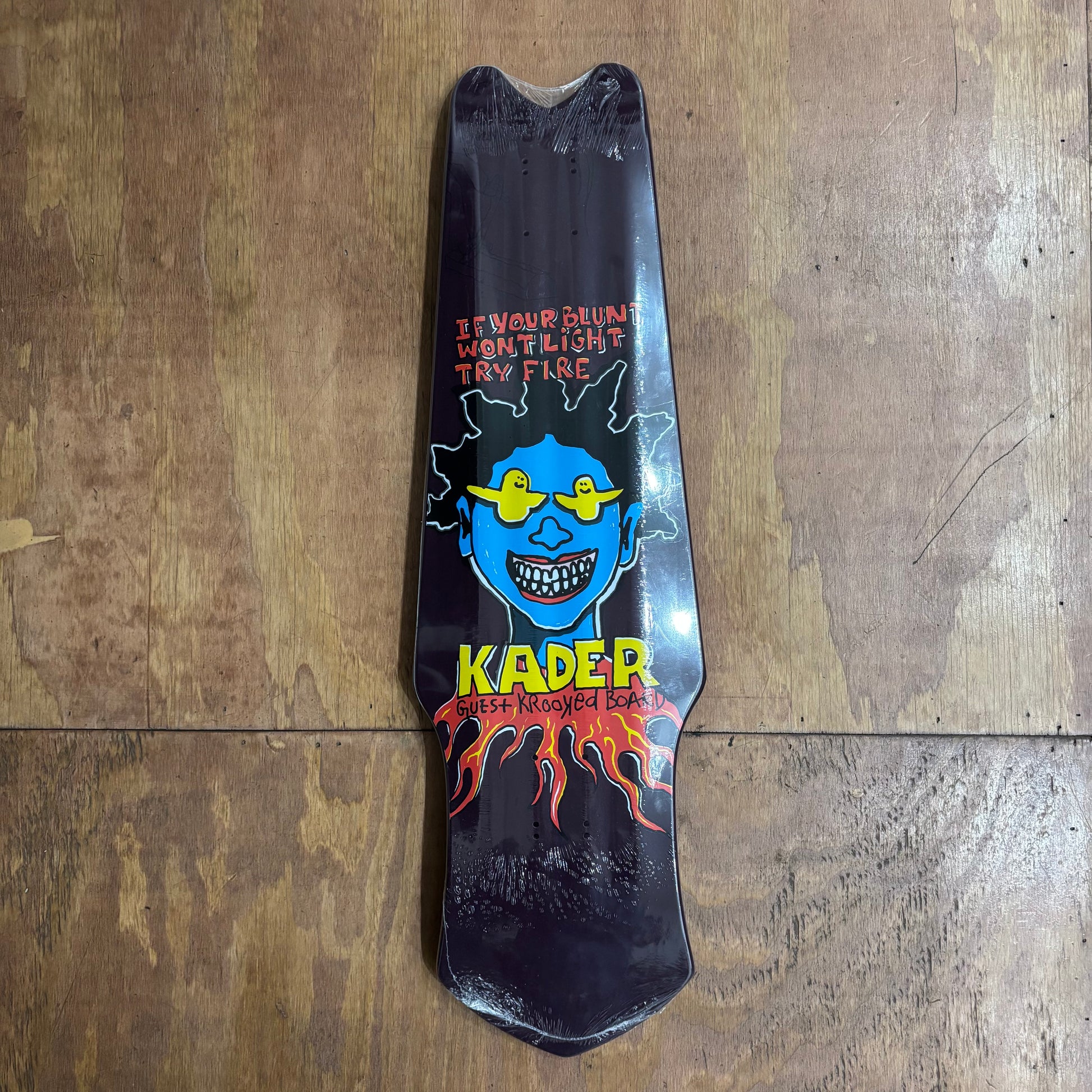 crazy shaped skateboard deck as a guest deck for Kader 
