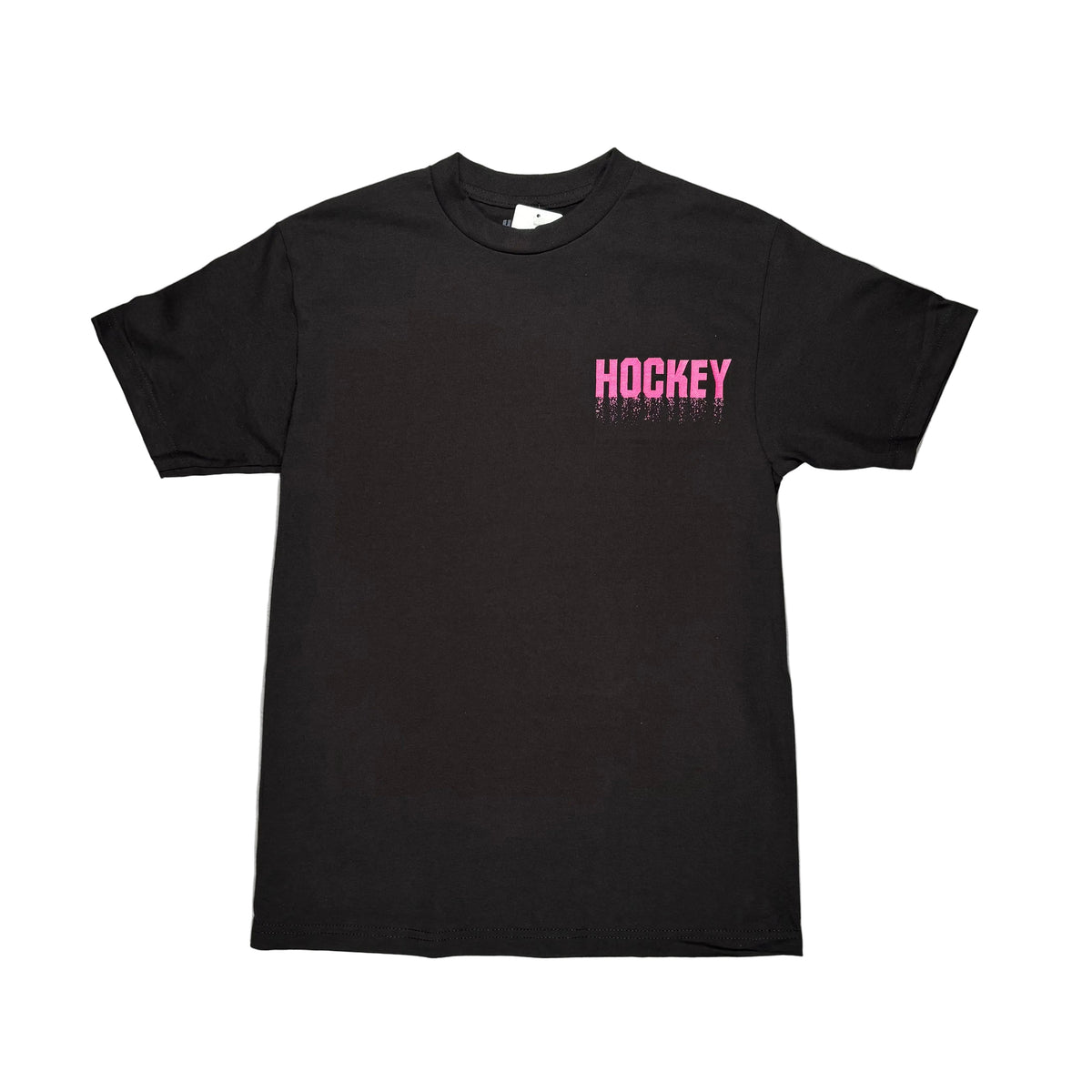 A black short-sleeve t-shirt with 'HOCKEY' printed in pink on the left chest, laid flat on a white surface.