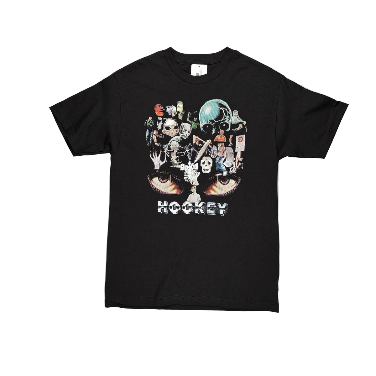 A black short-sleeve graphic t-shirt laid flat on a white surface, featuring a detailed multicolor collage print with skulls on the front with the text 'HOCKEY' below.