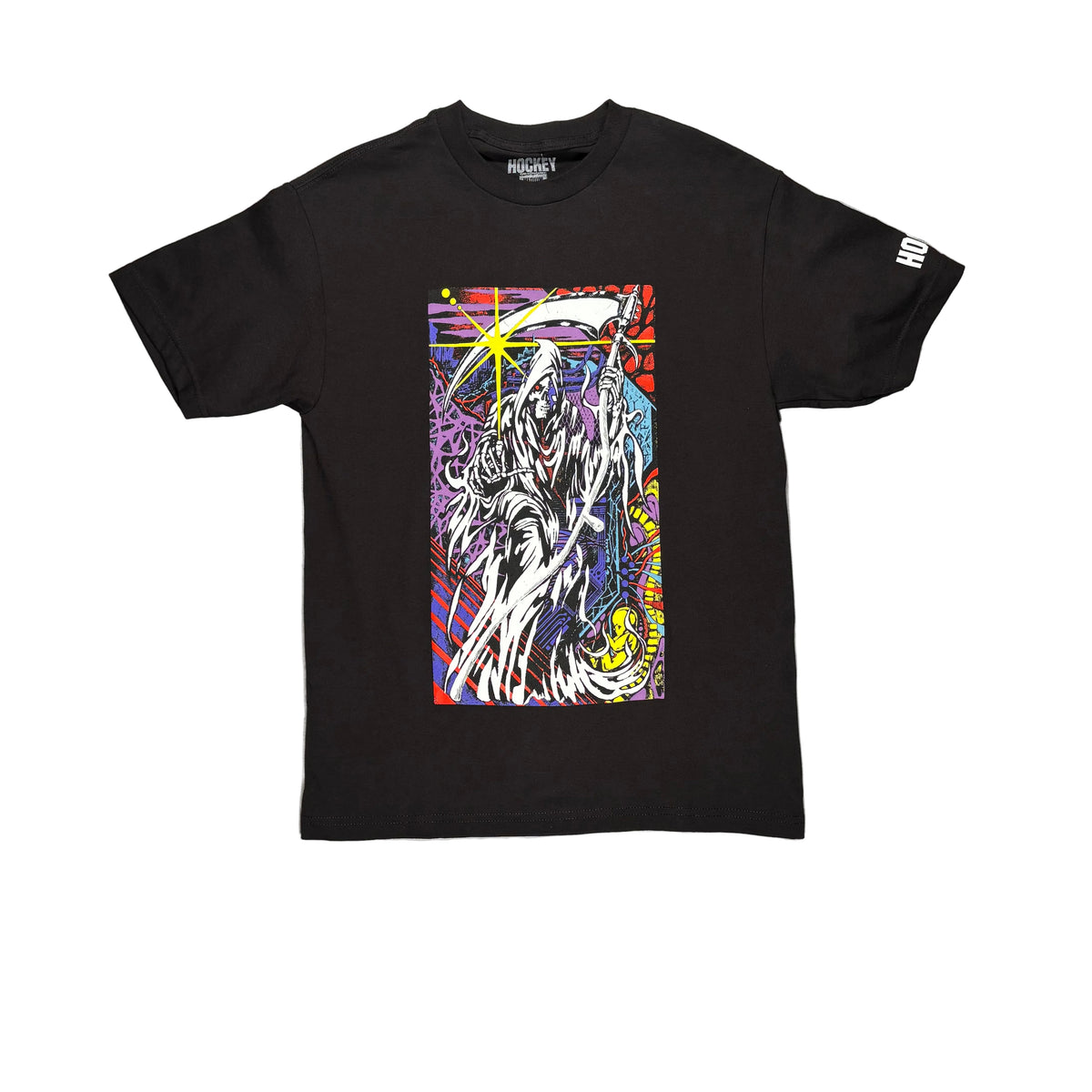 A black short-sleeve graphic t-shirt laid flat on a white surface. The shirt features a large, colorful graphic print on the front depicting a grim reaper with a scythe, and white text on the right sleeve.