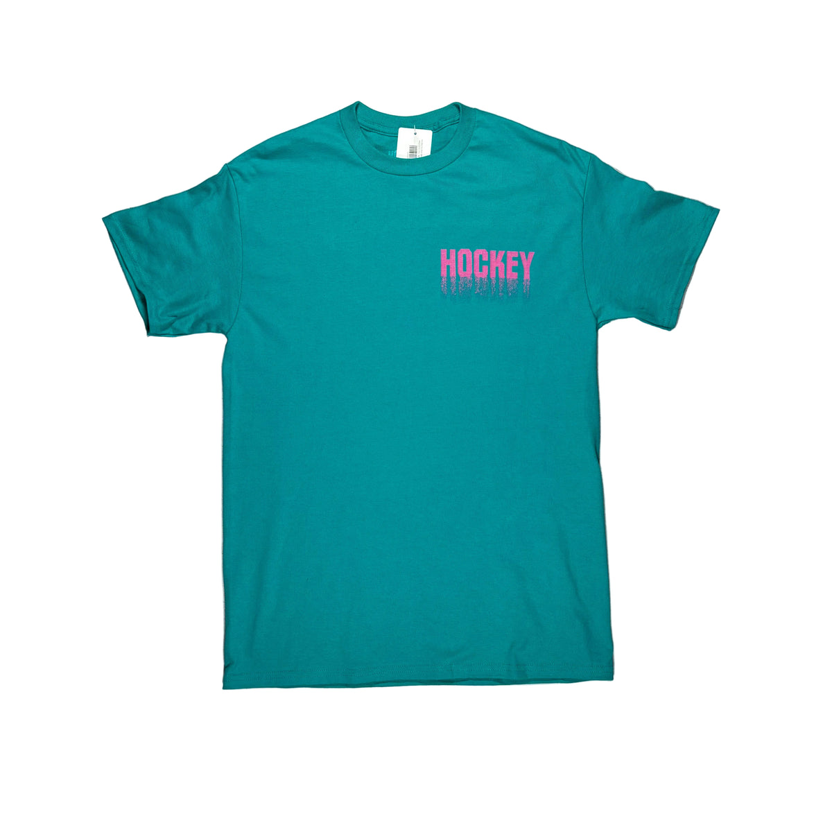 A teal short-sleeve t-shirt with the word 'HOCKEY' printed in pink dripping letters on the left chest, laid flat on a white surface.