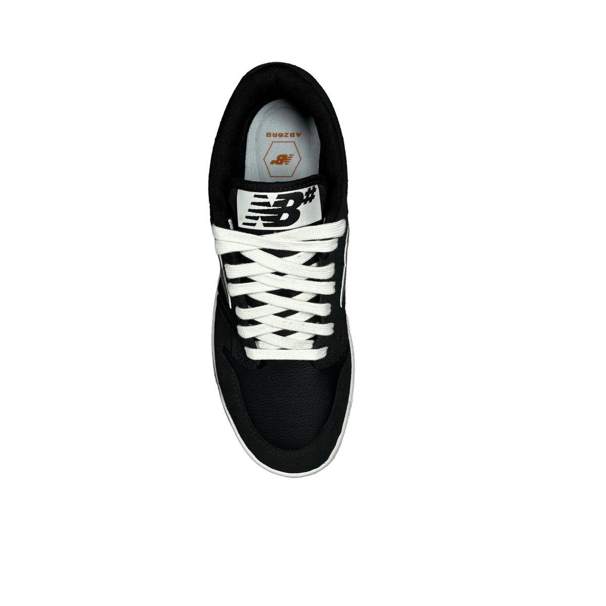 A black New Balance sneaker with white laces, shown from a top-down view on a white background.