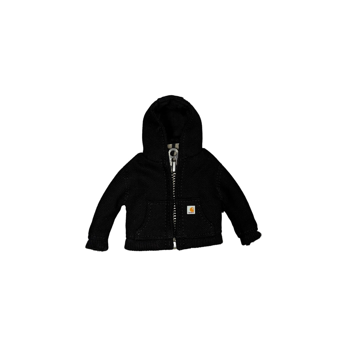 A mini black hooded zip-up jacket with a small Carhartt logo patch on the front, laid flat on a white background. 