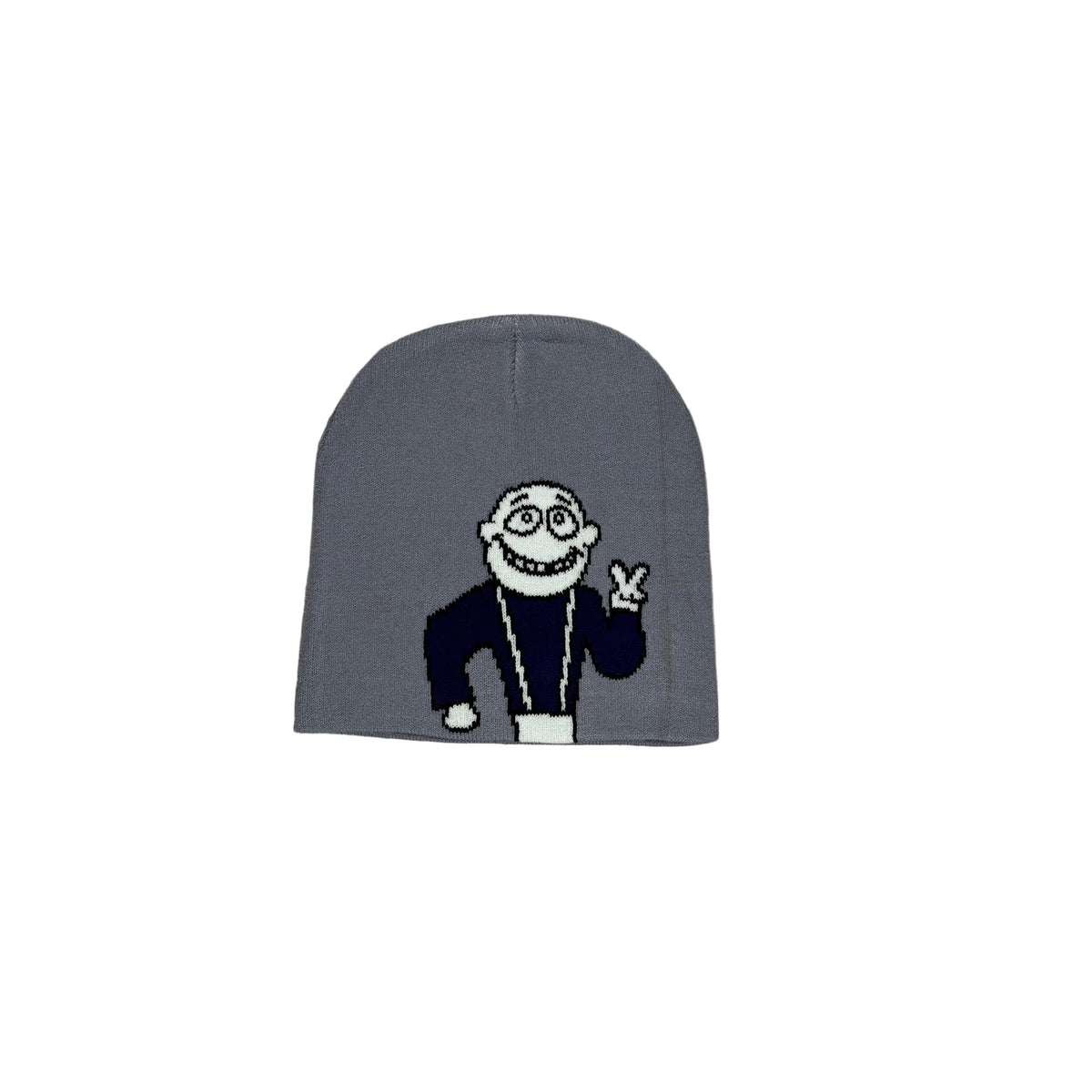 A gray knit beanie featuring a cartoon graphic of a smiling man with glasses and a peace sign, set against a white background.