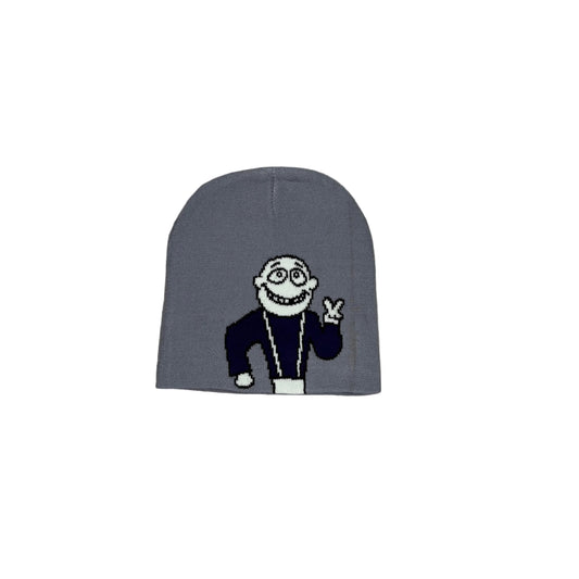 A gray knit beanie featuring a cartoon graphic of a smiling man with glasses and a peace sign, set against a white background.