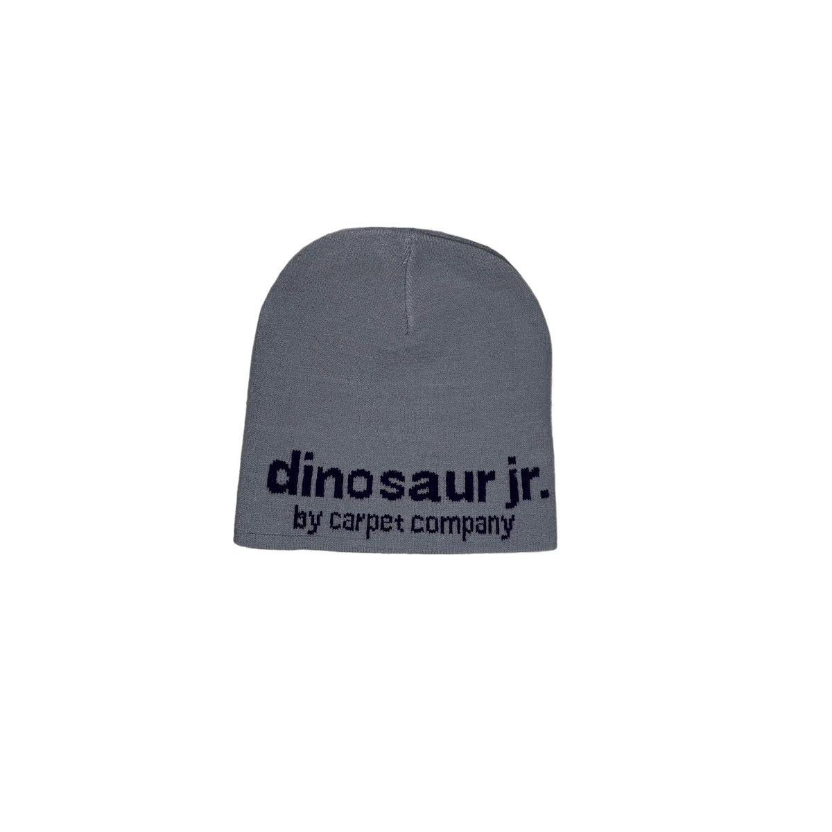 A gray beanie hat with 'dinosaur jr. by carpet company' printed in black text on the front, displayed on a white surface.