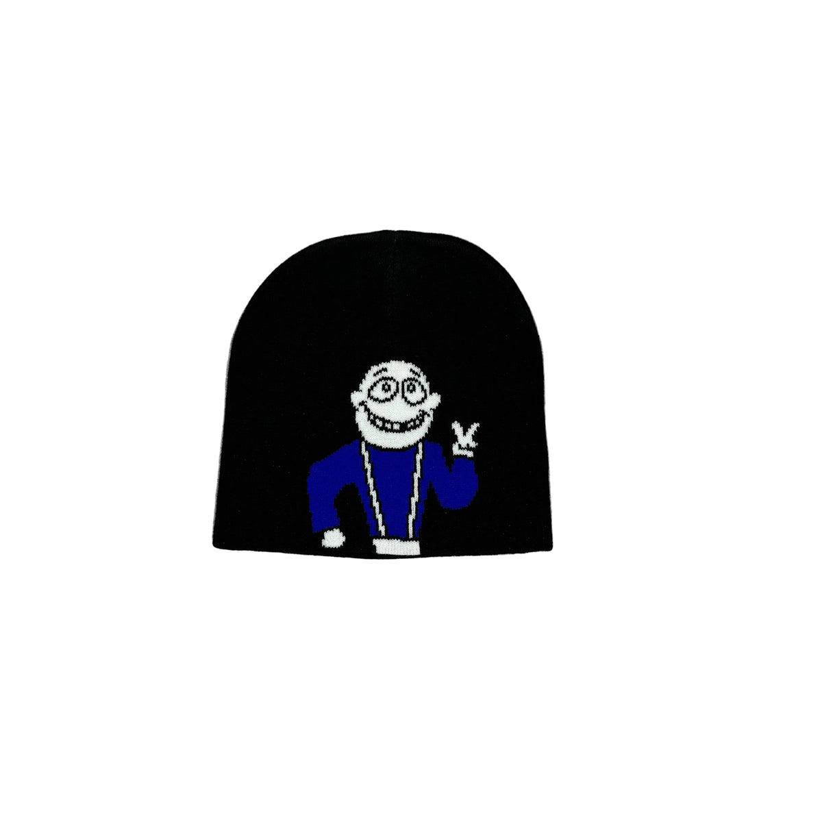A black beanie hat featuring a cartoon graphic of a character with glasses, a blue shirt, and a peace sign, displayed against a white background.