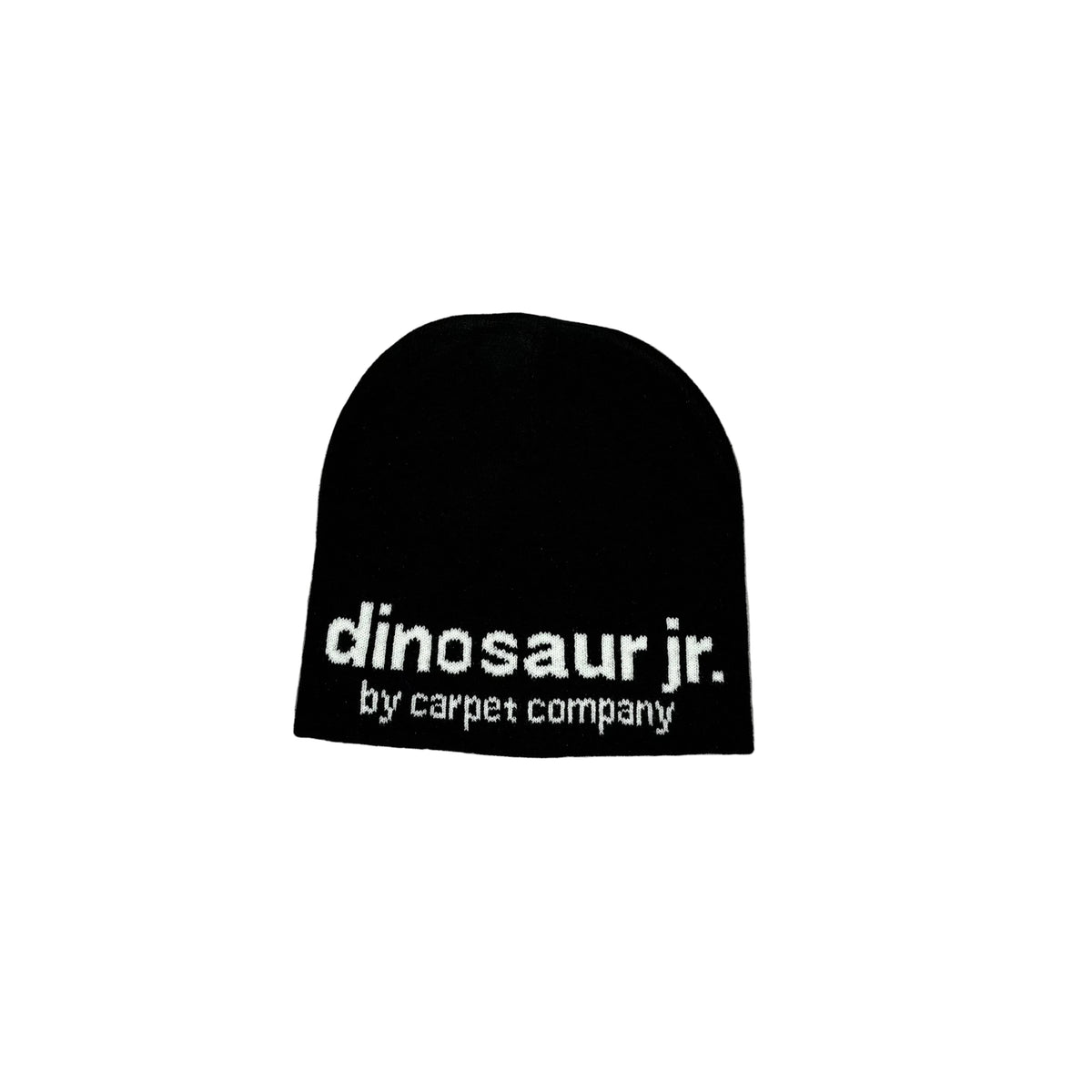 A black beanie hat with white text reading 'dinosaur jr. by carpet company' displayed on a white surface.