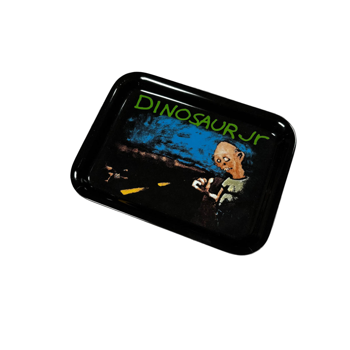 A black rectangular tray with rounded corners, featuring a colorful graphic of a cartoon dinosaur character and the text 'DINOSAUR JR' in green, placed on a white surface