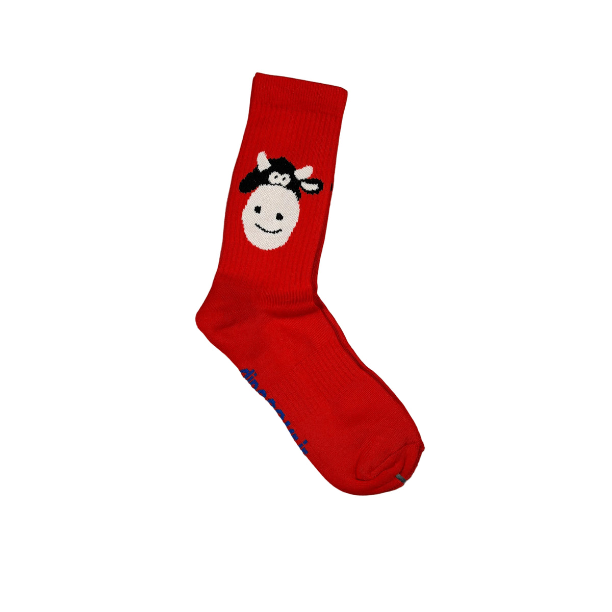 A single red crew sock with a knitted cow face graphic on the upper cuff, photographed on a white surface.