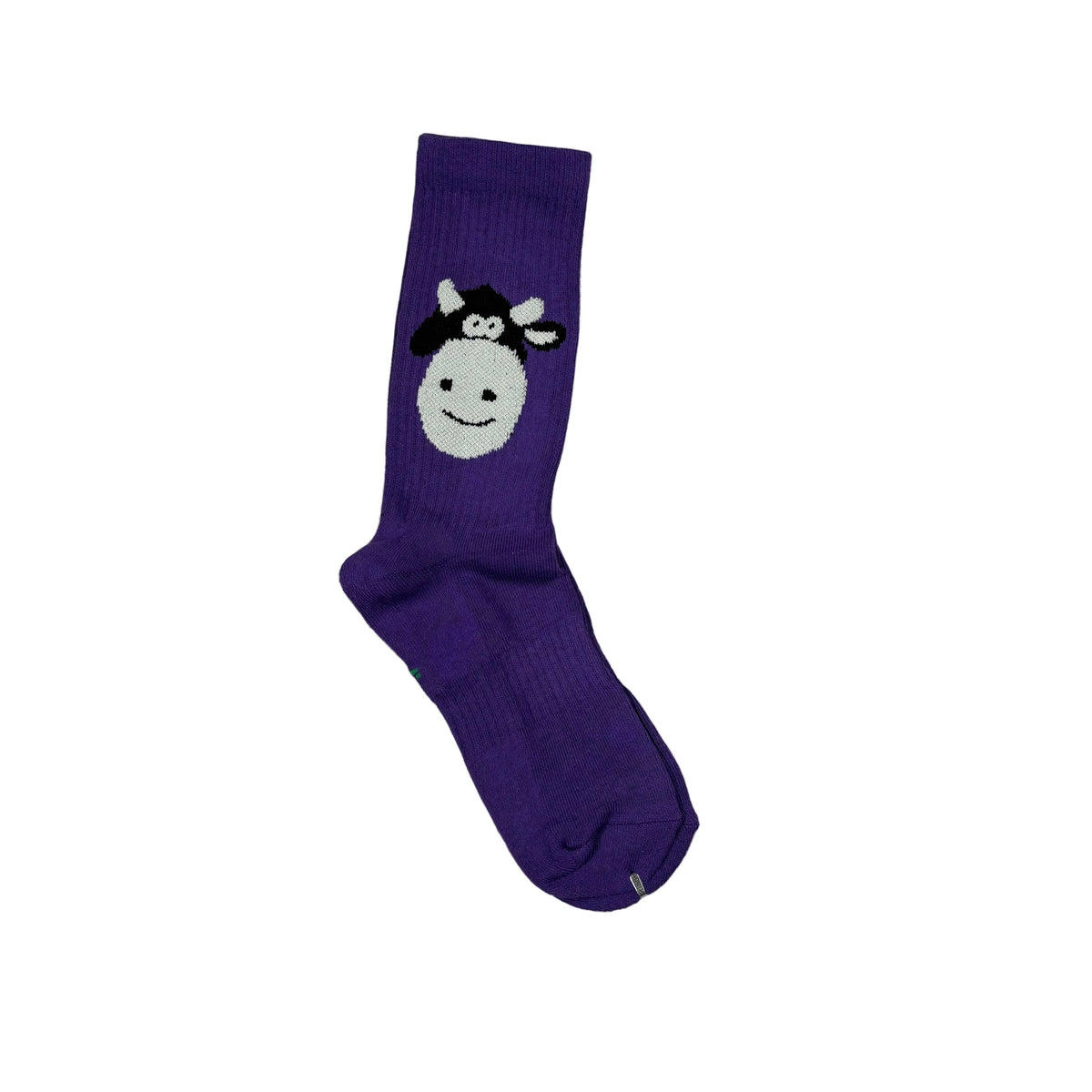 A single purple crew sock with a knitted cow face graphic on the upper calf, displayed on a white surface.