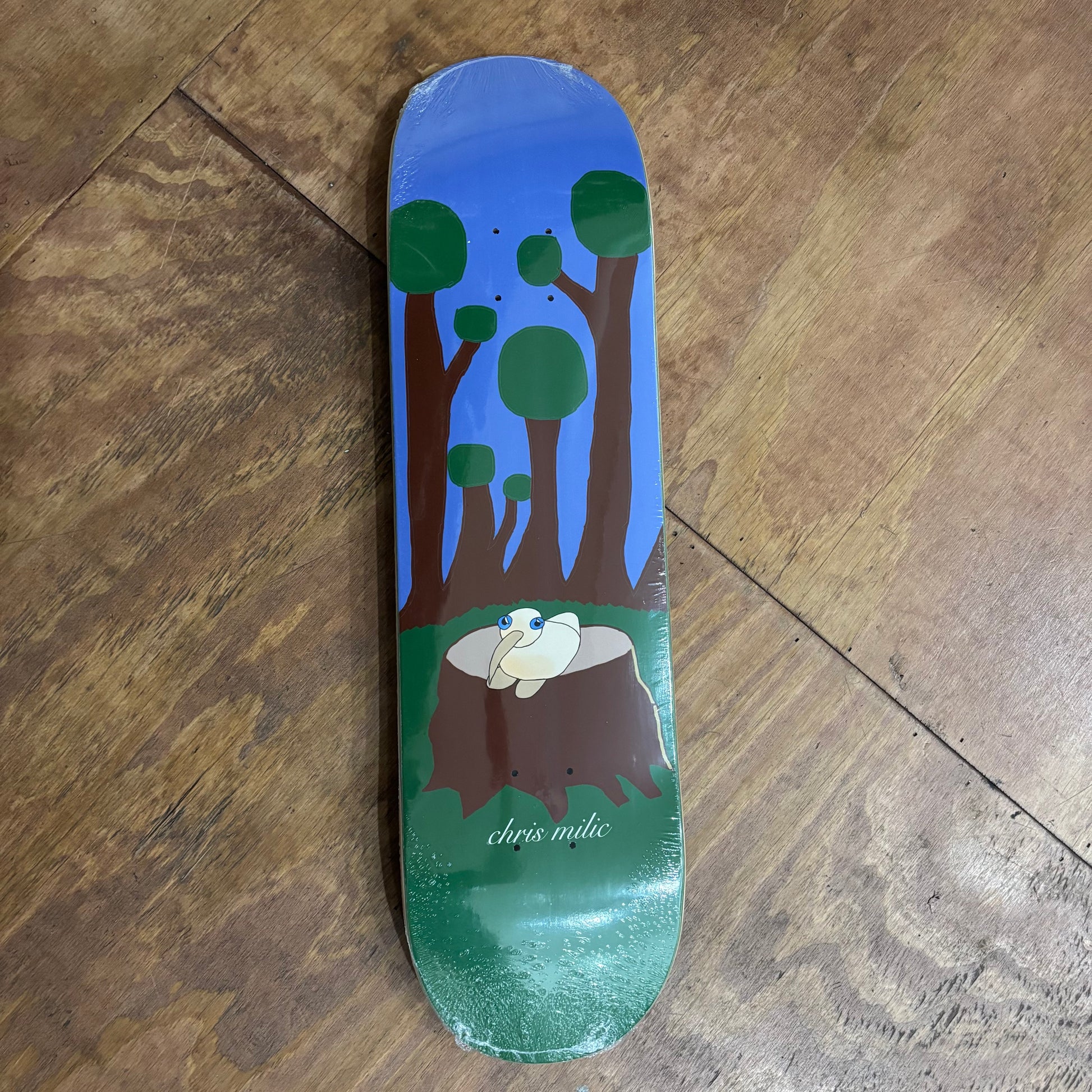 crudely drawn tree trunks with cut down forest with bird