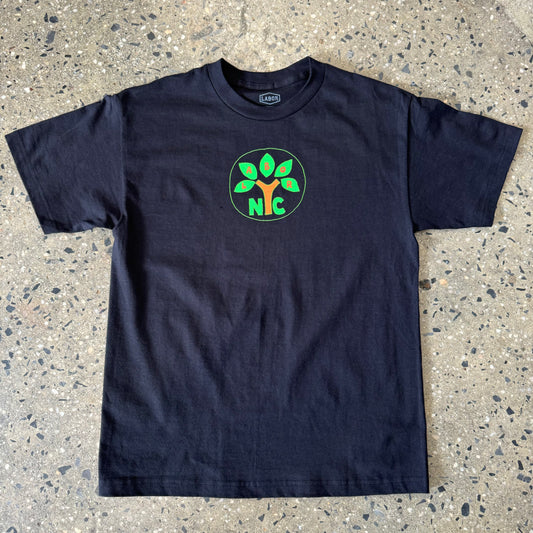 black t shirt with a circle in the center with a tree inside the circle
