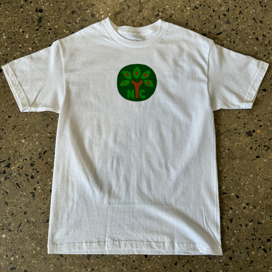 white t shirt with dark green circle in the center with a tree inside the circle