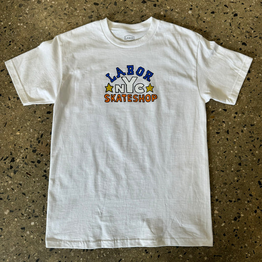 white t shirt with centered royal blue, orange and white text  