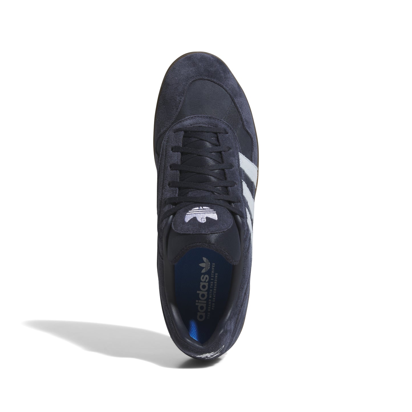 top down view of navy lowtop sneaker with gum rubber outsole and grey three stripes