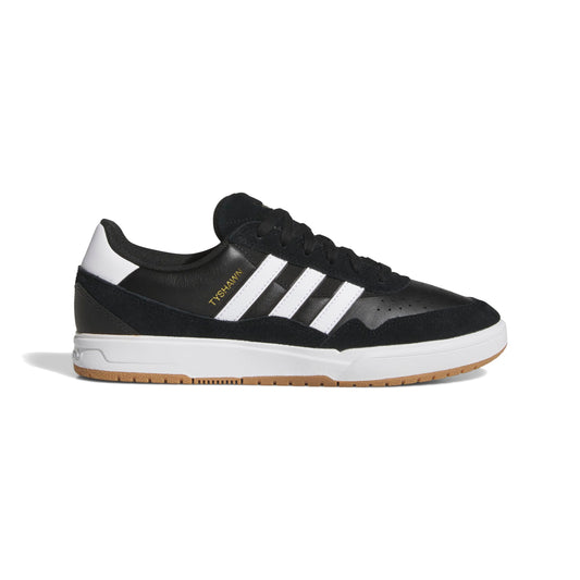 Side view of black leather and suede lowtop skateboard sneaker with white/gum sole
