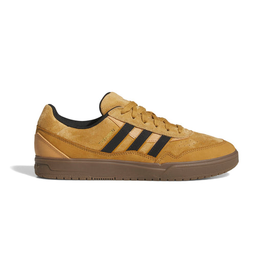 side view of brown suede lowtop skateboard sneaker with black stripes and brown gumsole