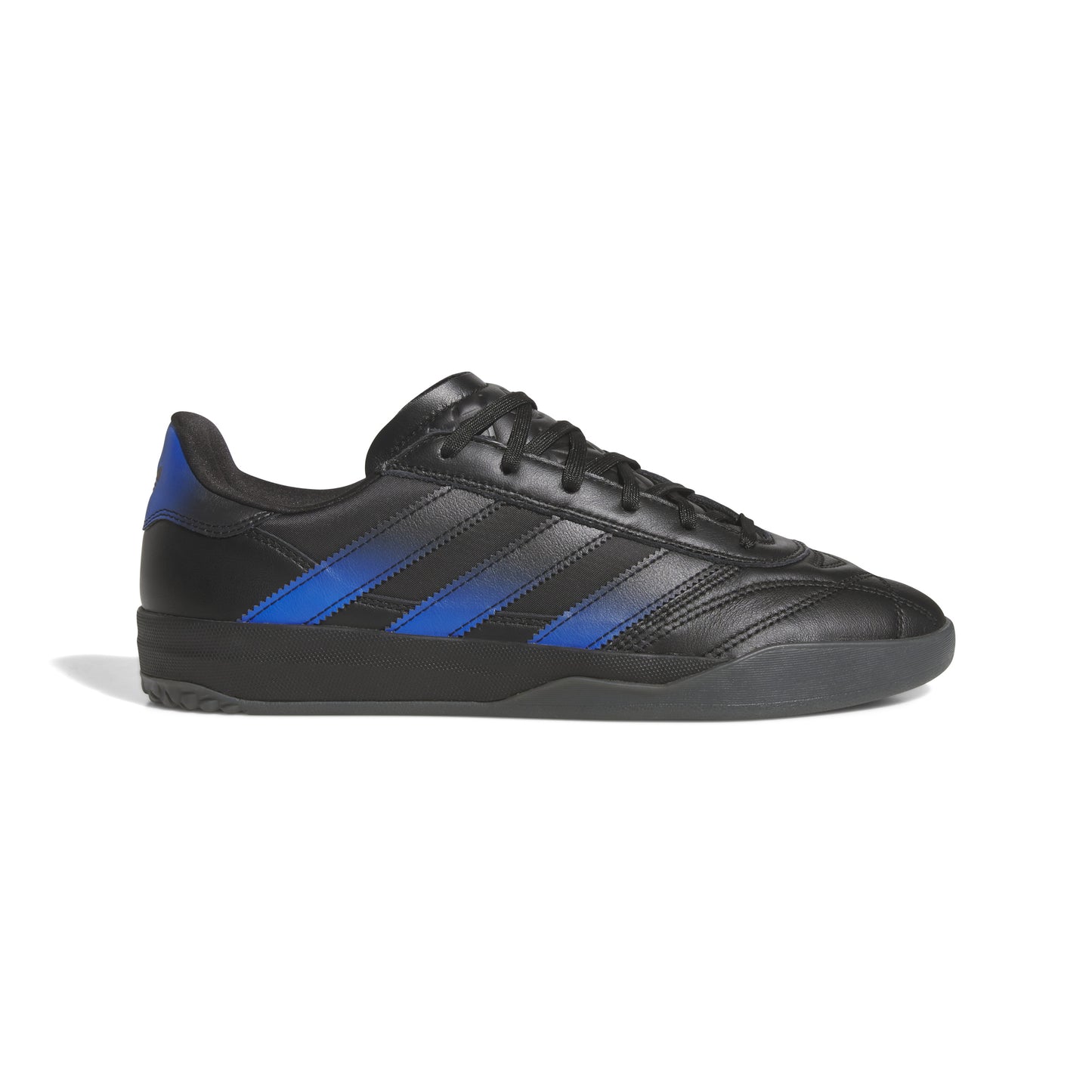 Black Adidas sneaker with blue stripes on a white background