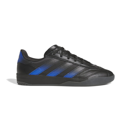 Black Adidas sneaker with blue stripes on a white background