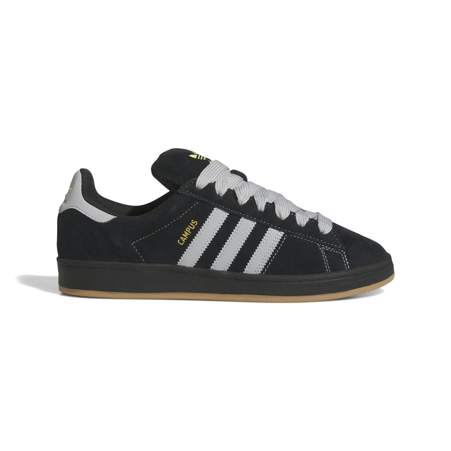 side view of black suede lowtop shoe with light grey three stripes black/gum sole