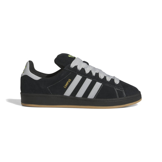 side view of black suede lowtop shoe with light grey three stripes black/gum sole