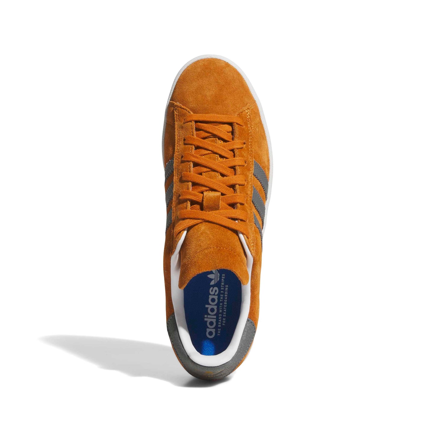 top down view of Brown Adidas sneaker with white laces on a white background