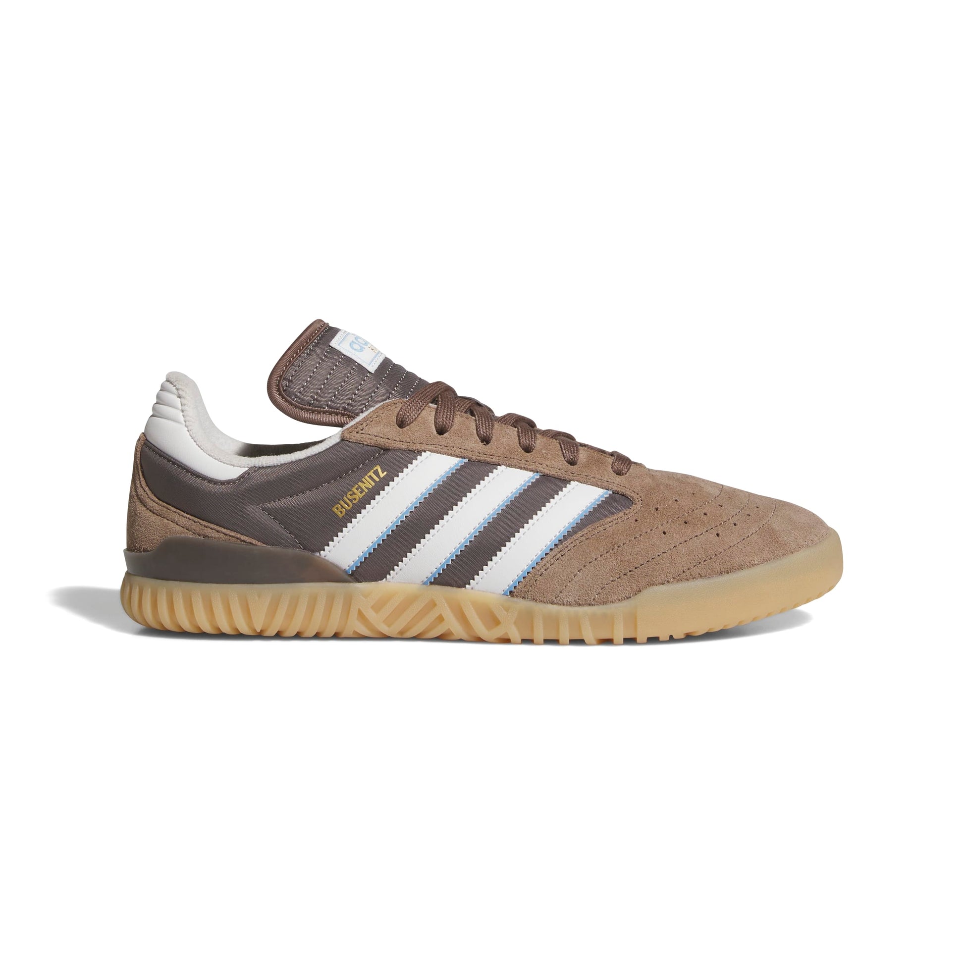Brown and beige sneaker with white stripes on a white background