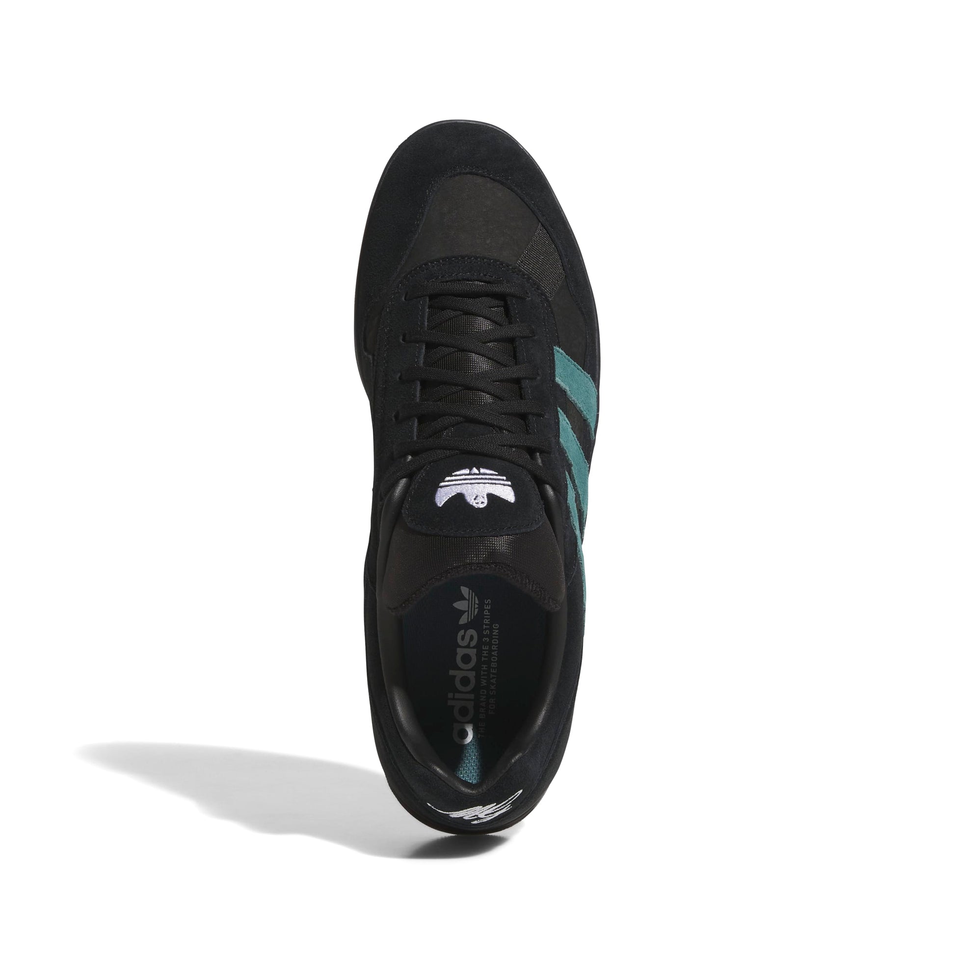 top down view of Black Adidas sneaker with teal tripes on a white background