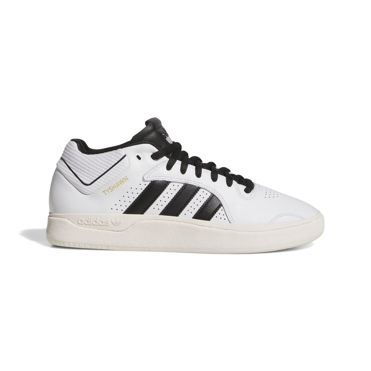 side view of white/black leather mid top skate shoe
