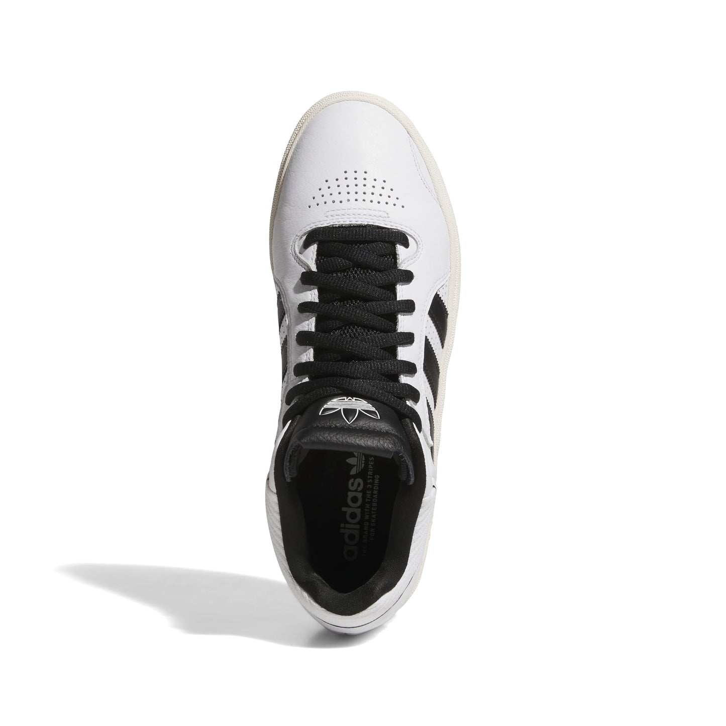 top down view of white/black leather mid top skateboard shoe
