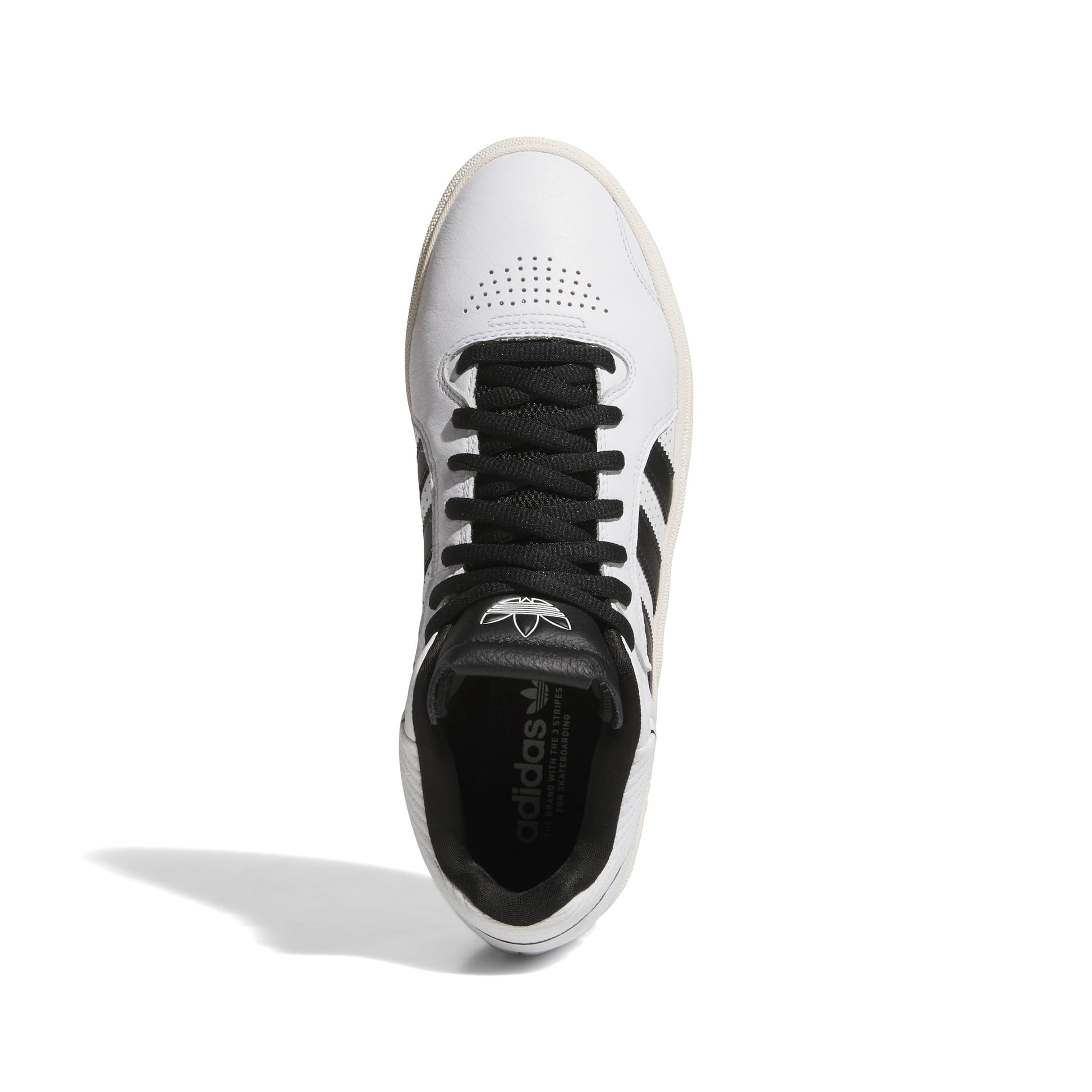 top down view of white/black leather mid top skateboard shoe
