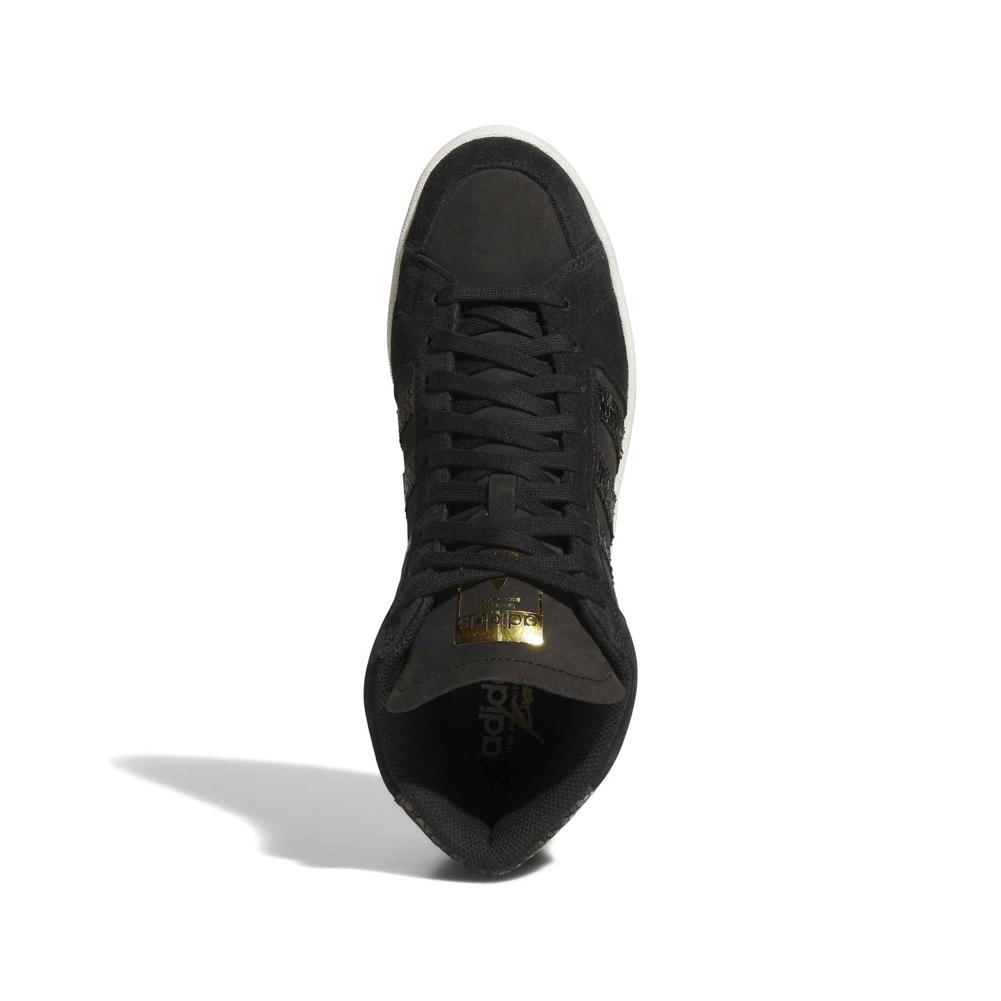 top down view of black and white high top skateboard sneaker with faux snakeskin accents