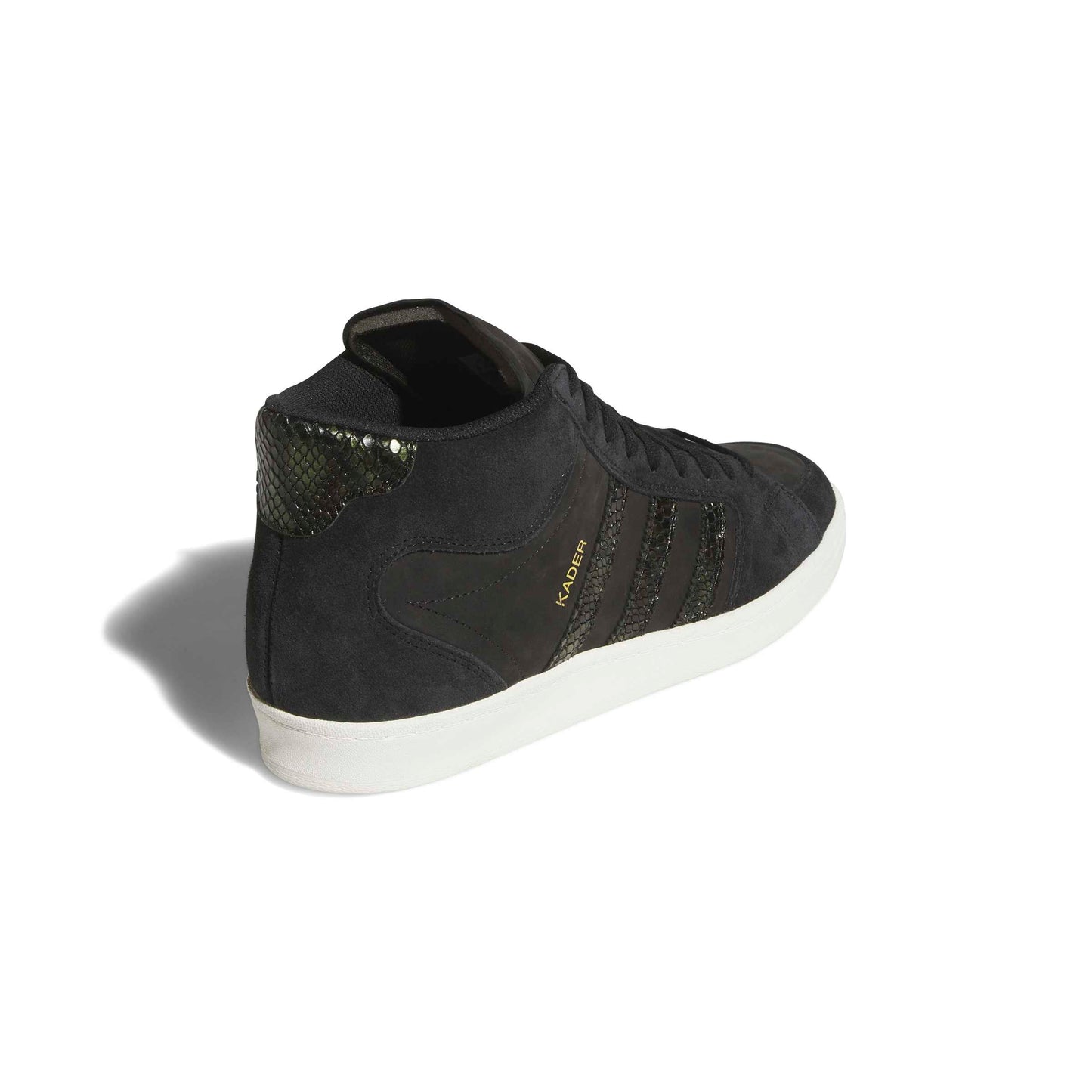 rear and side view of black and white high top skateboard sneaker with faux snakeskin accents