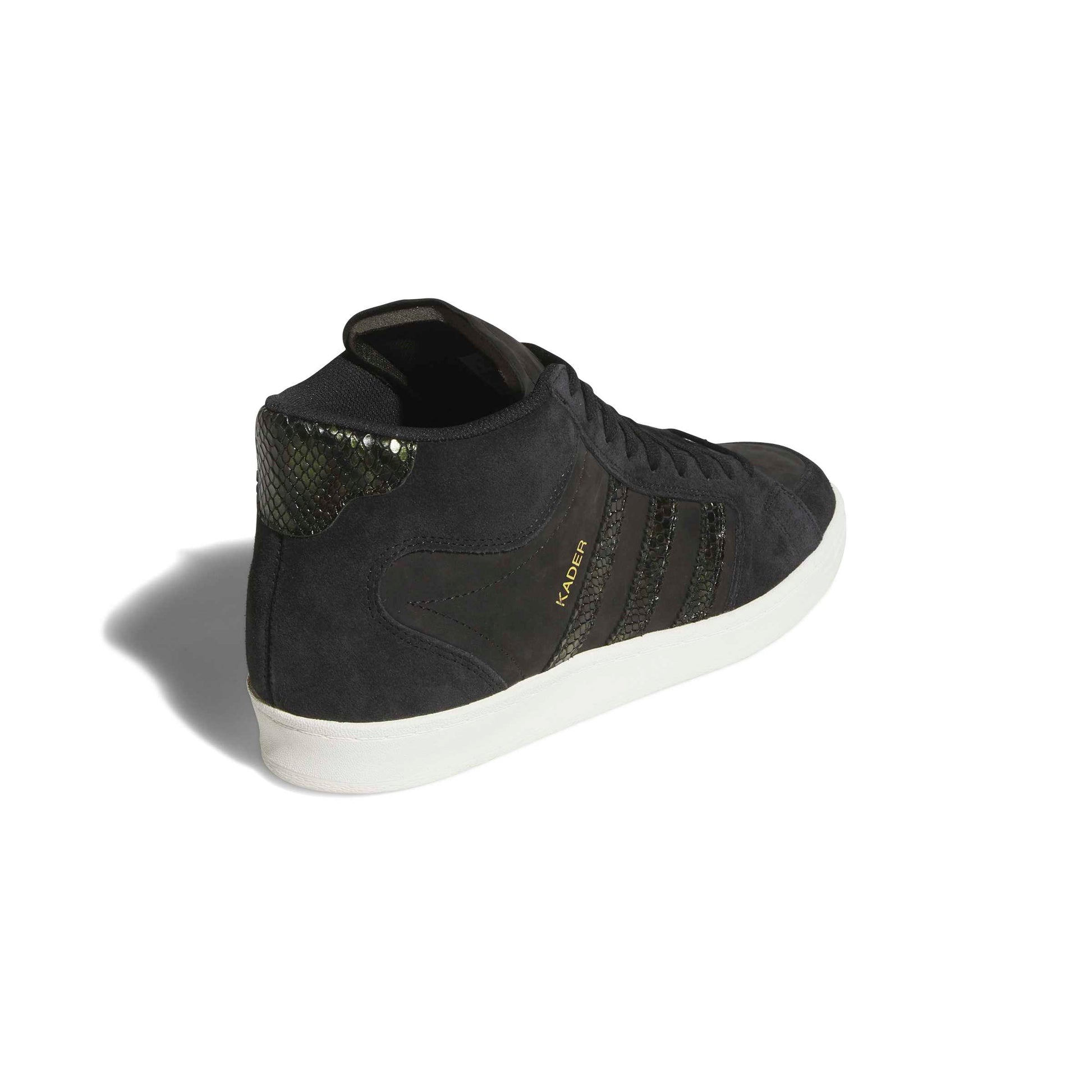 rear and side view of black and white high top skateboard sneaker with faux snakeskin accents