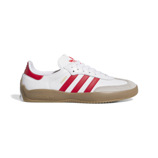 side view of white leather shoe with suede accents, red three stripes, and brown gum rubber outsole