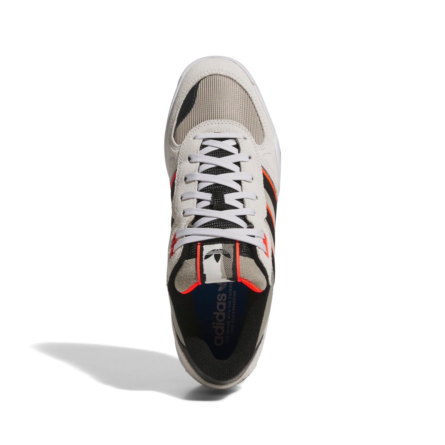 Gray Adidas sneaker with white laces on a white background