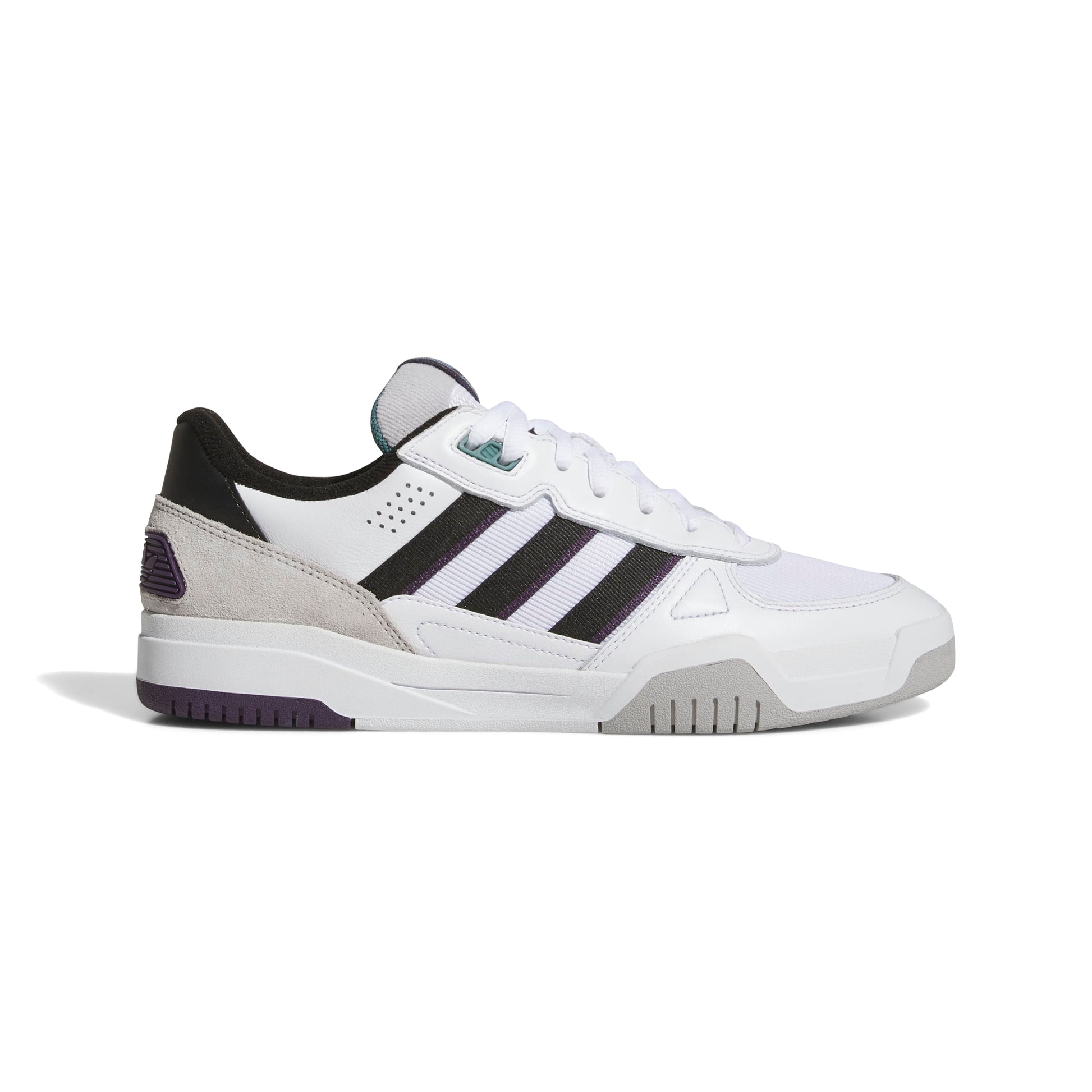 White Adidas sneaker with black stripes on a white background