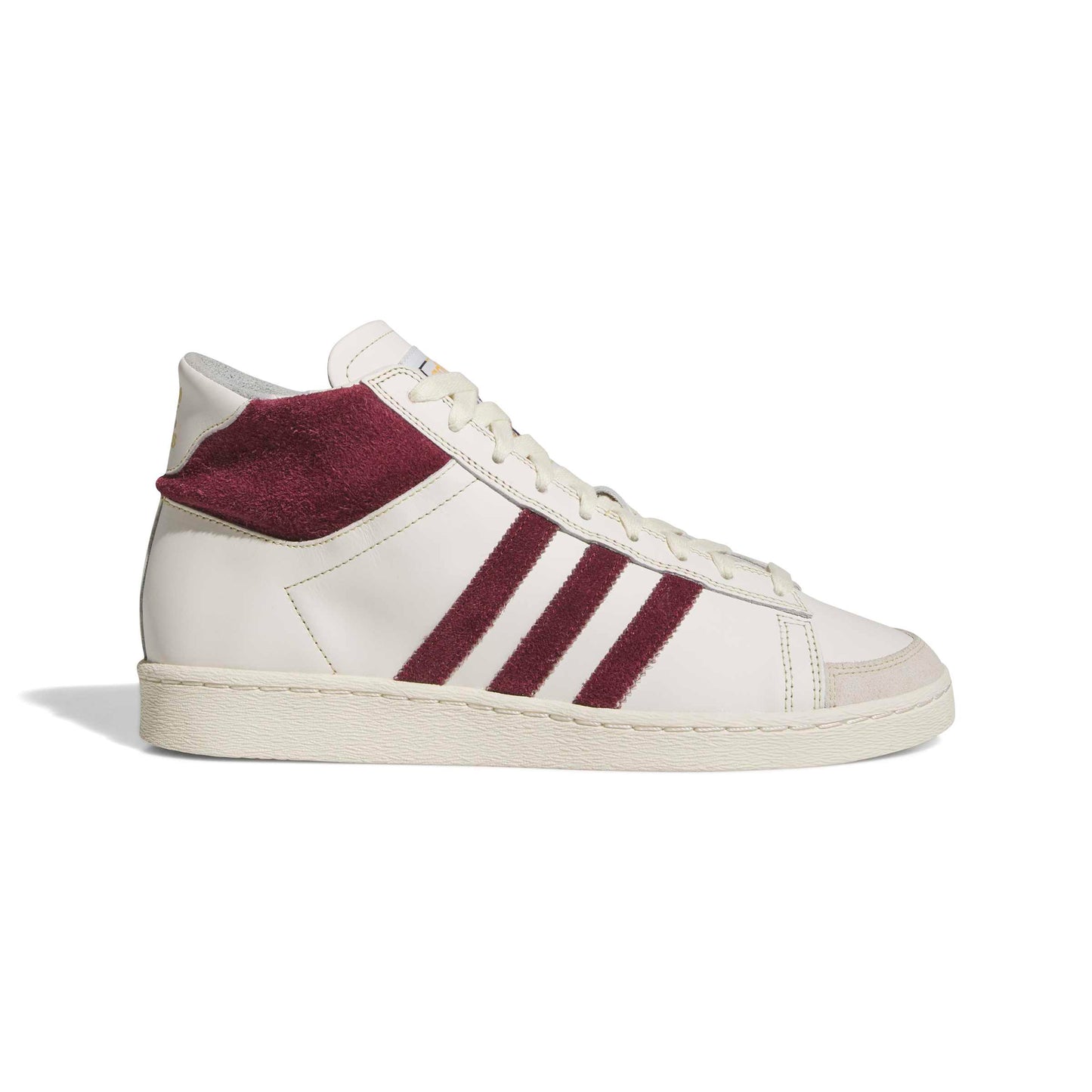 White sneaker with maroon accents on a white background