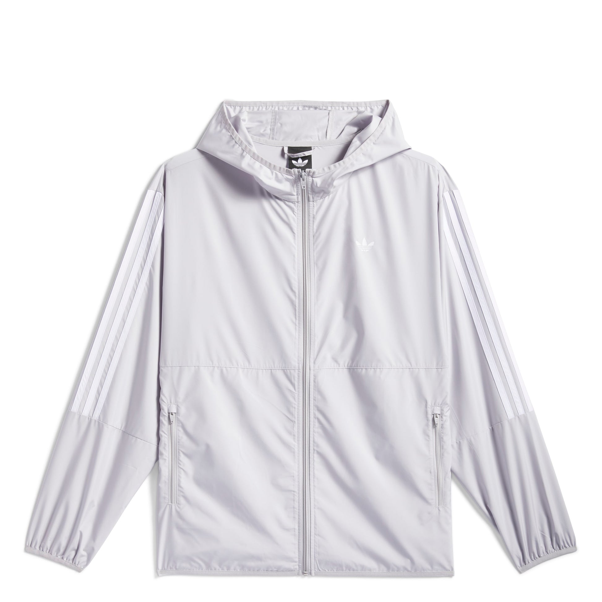 Light gray and white jacket with a hood on a white background