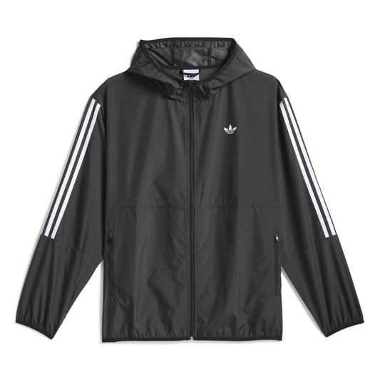 Black jacket with white stripes and Adidas logo on a white background