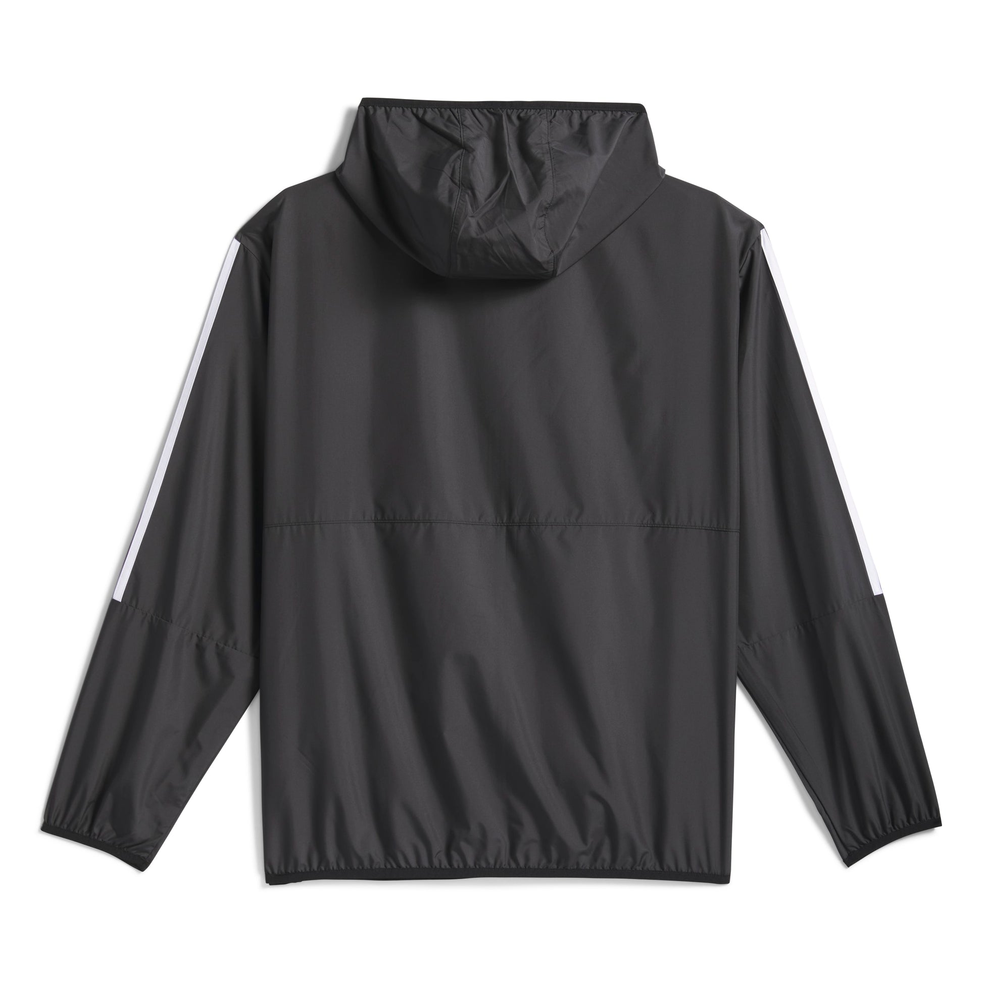 rear  of Black jacket with a hood on a white background