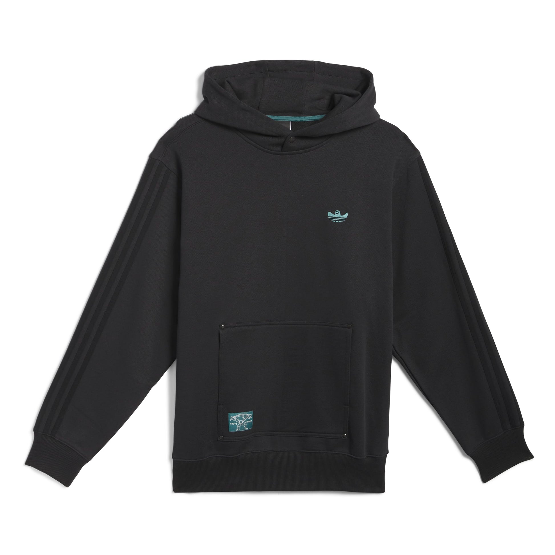 Black hoodie with a brand logo on a white background