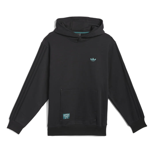 Black hoodie with a brand logo on a white background