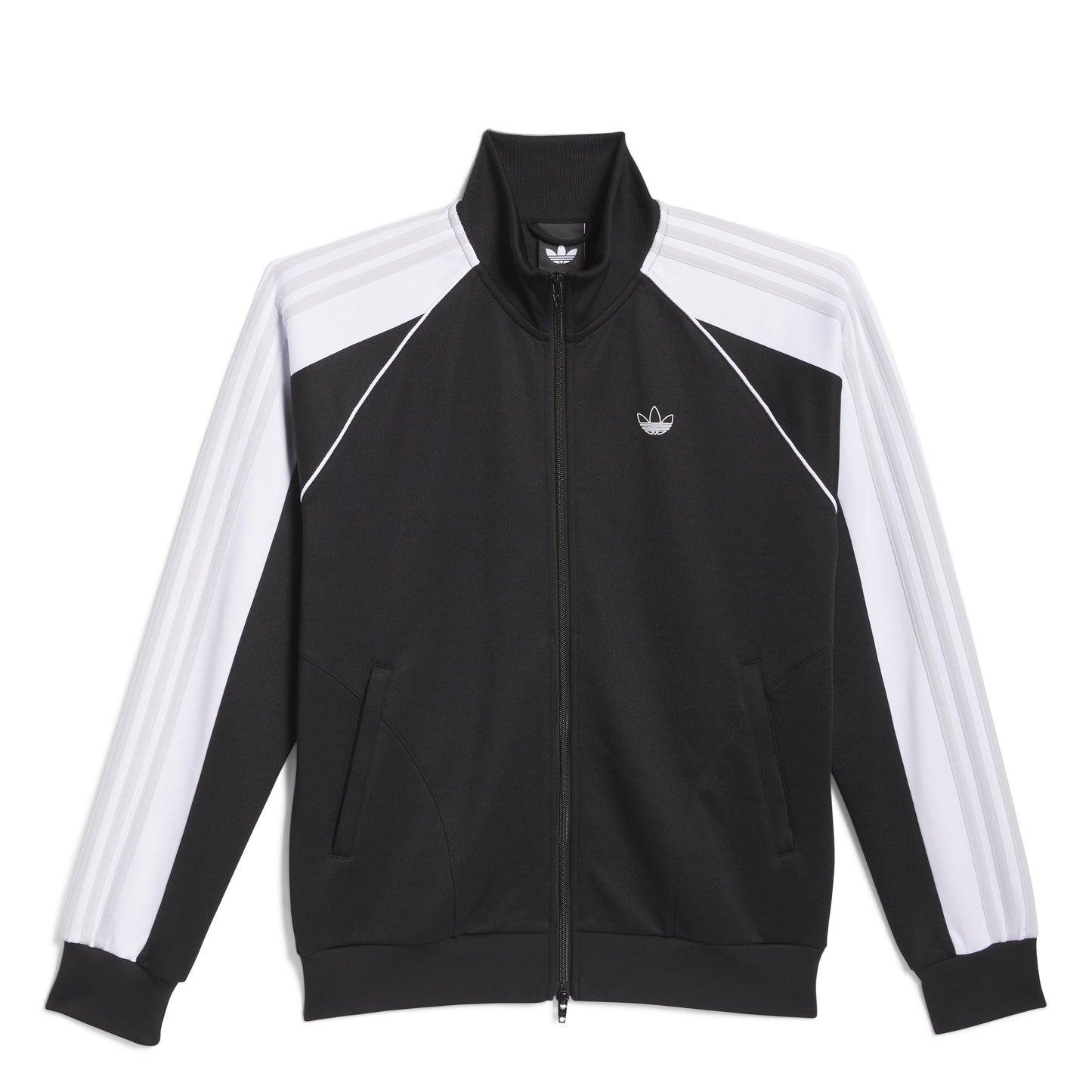 Black and white Adidas tracksuit jacket on a white background