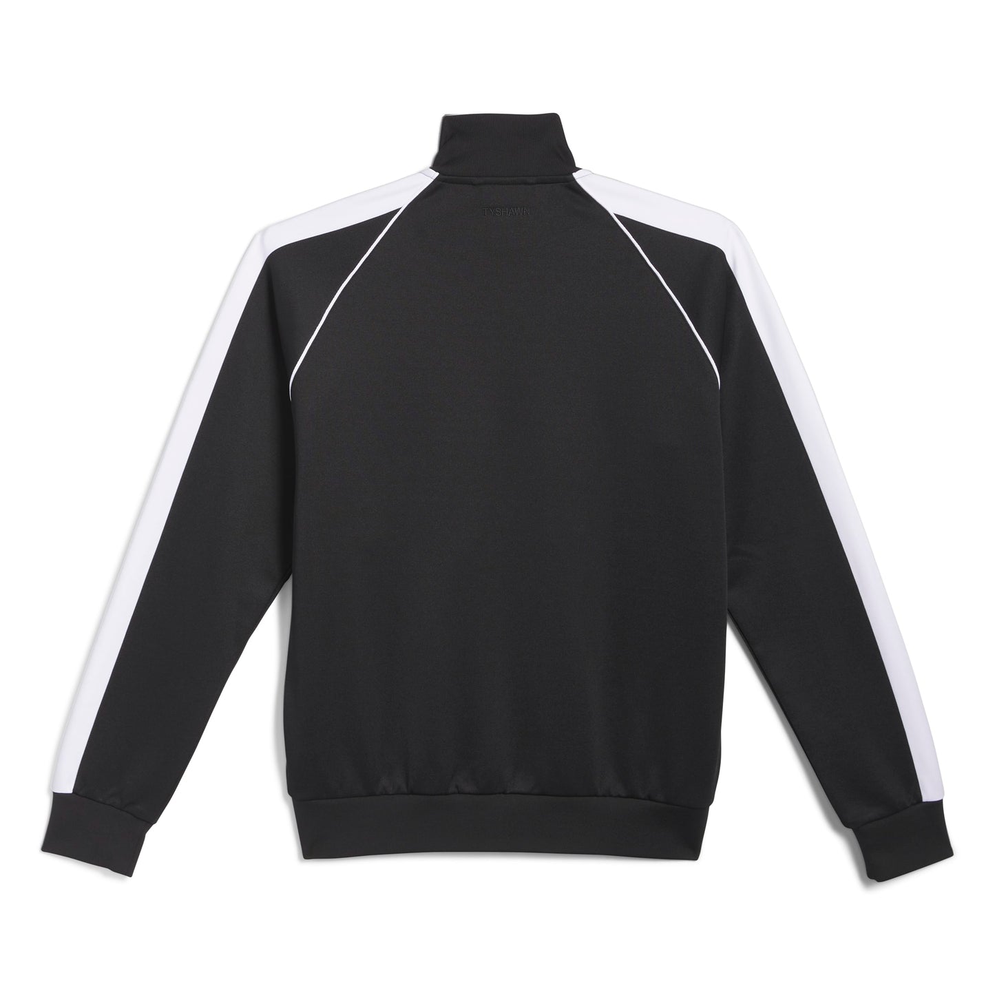 Black track jacket with white stripes on a white background