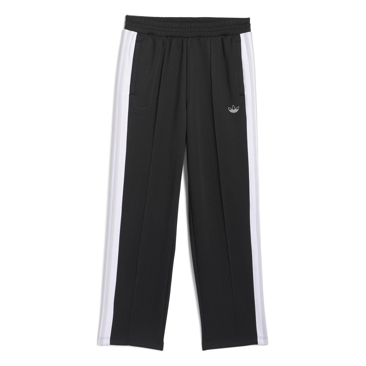 Black track pants with white stripes on a white background