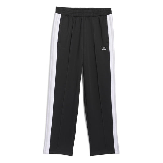 Black track pants with white stripes on a white background