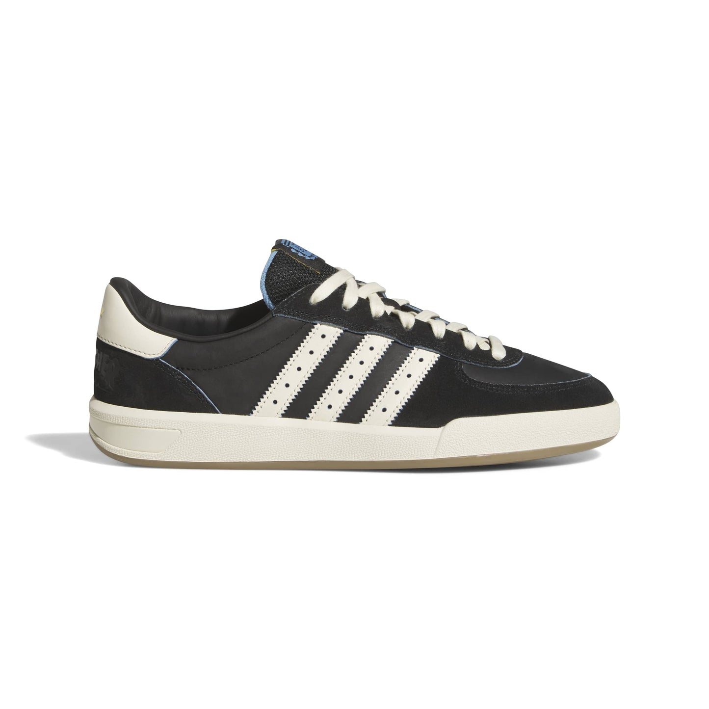 Black Adidas sneaker with white stripes on a white background