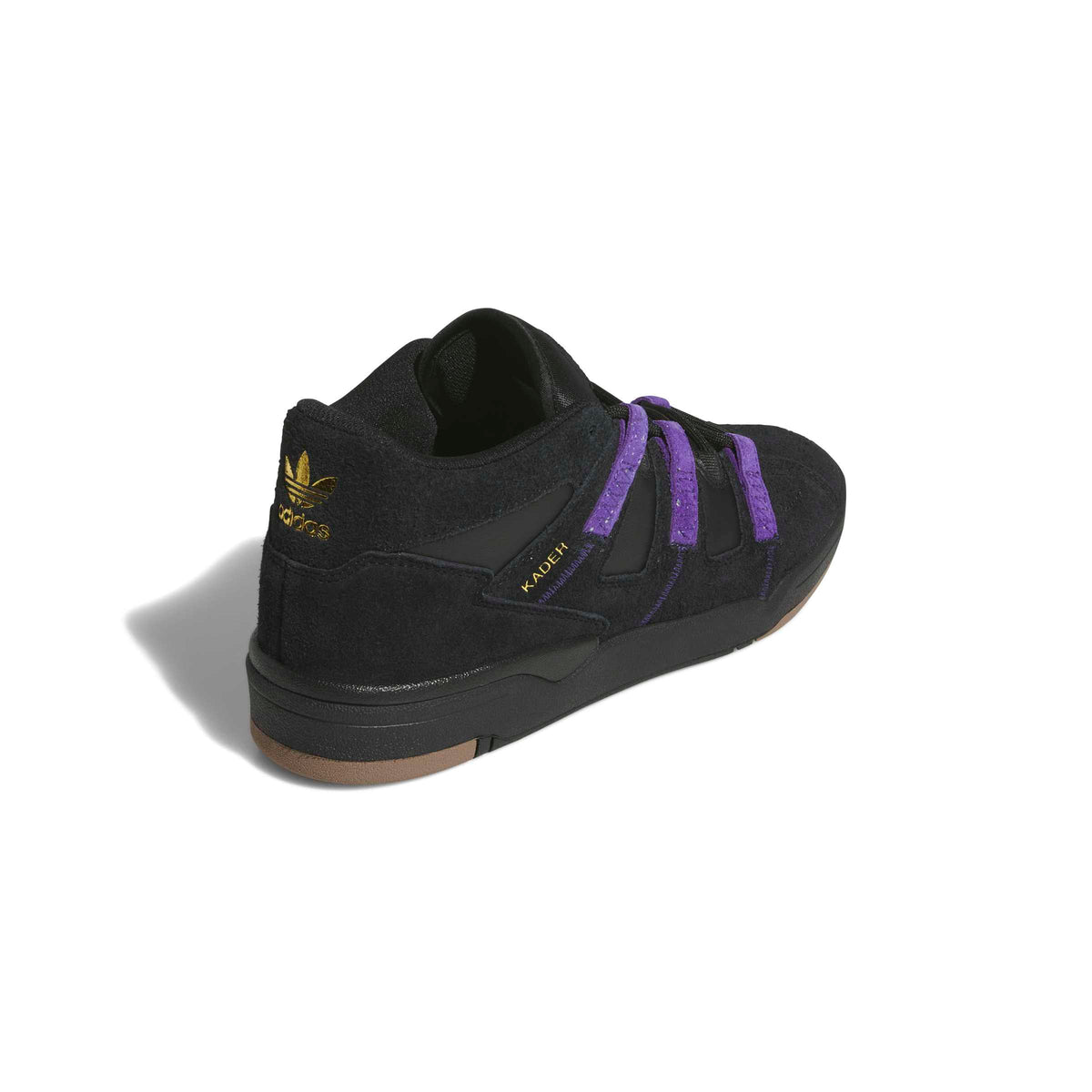A black Adidas Kader sneaker shown from a three-quarters rear angle on a white background, featuring purple textured laces, a gold Adidas logo on the heel, and a brown gum outsole.